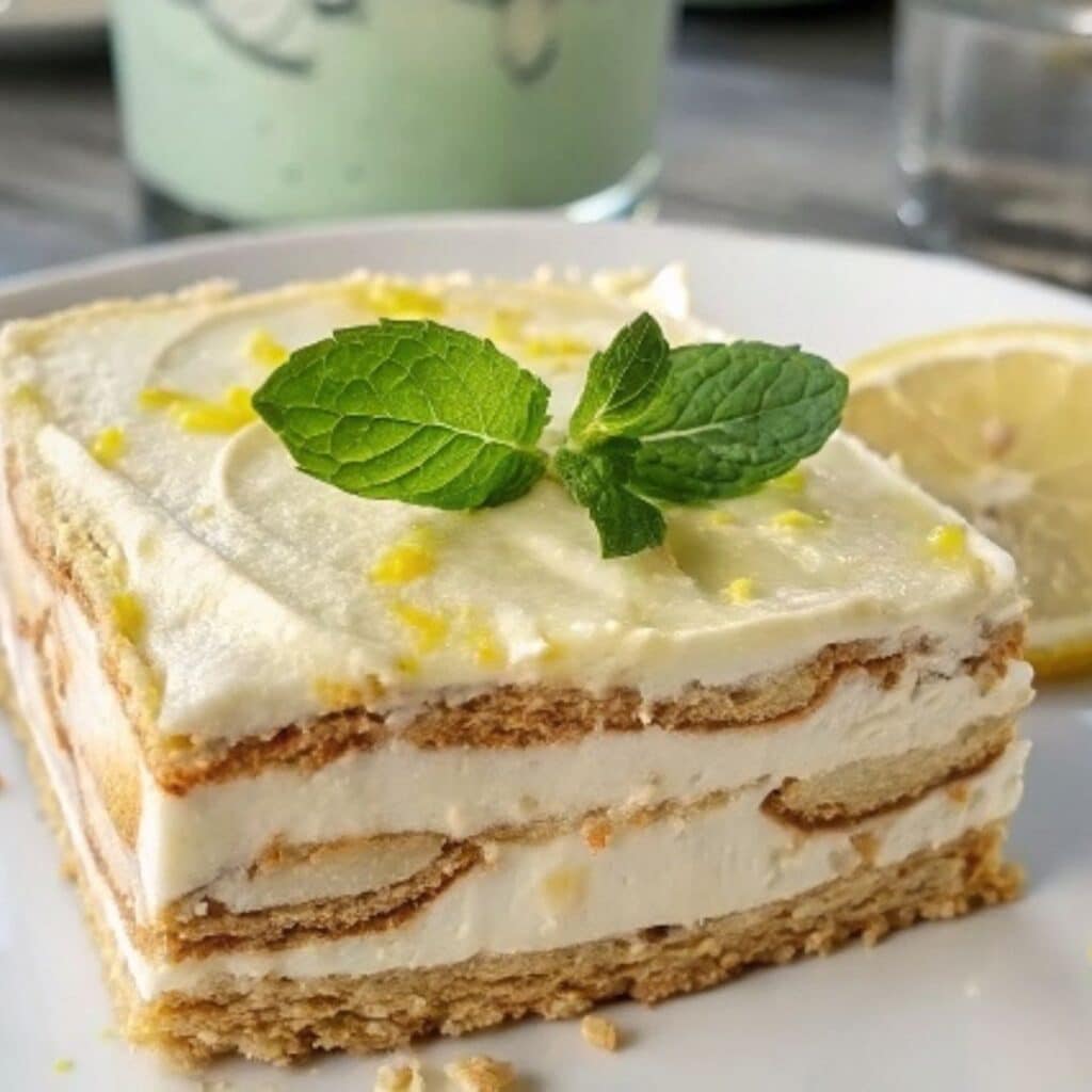 Slice of Carlota de Limón layered with Maria cookies and creamy lime filling, garnished with mint and lime zest.