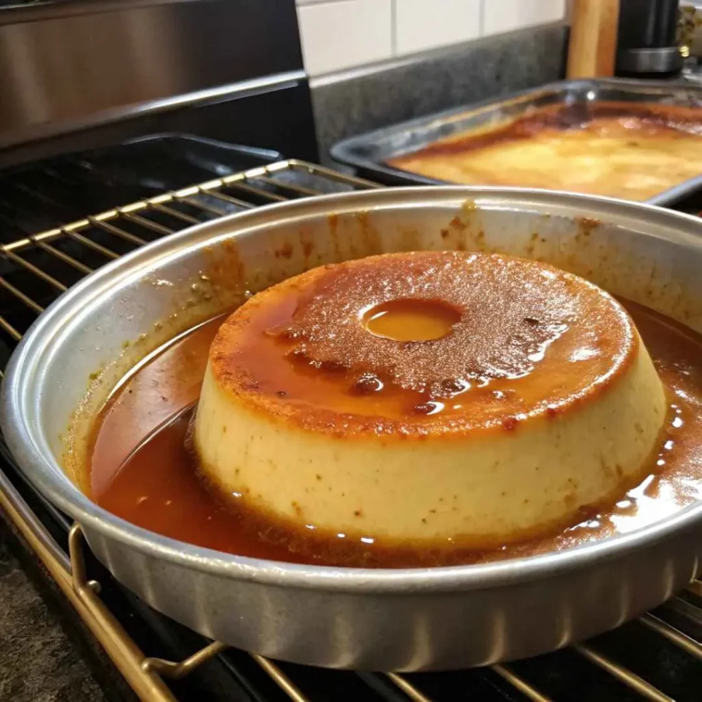 Mexican Flan Recipe: Creamy, Authentic Dessert with Caramel 8 Baked Mexican flan in water bath cooling in pan