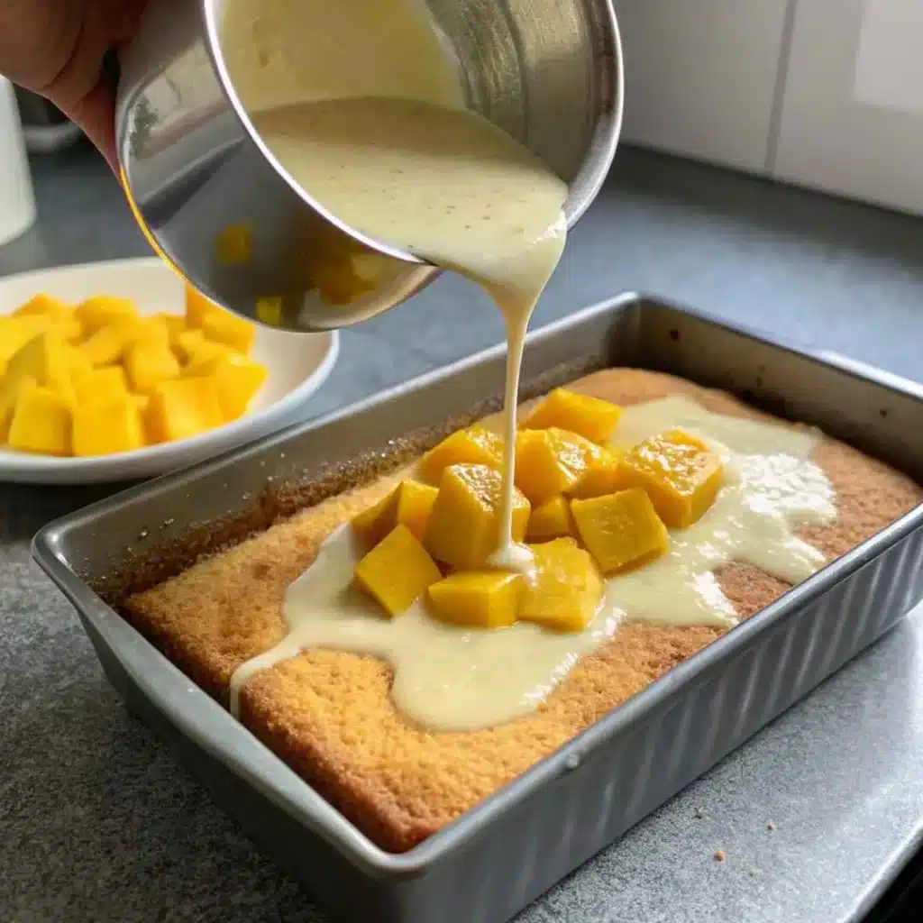 Spicy Mango Tres Leches Cake – Bold, Creamy & Unforgettable 9 Pouring spicy mango milk onto Tres Leches sponge