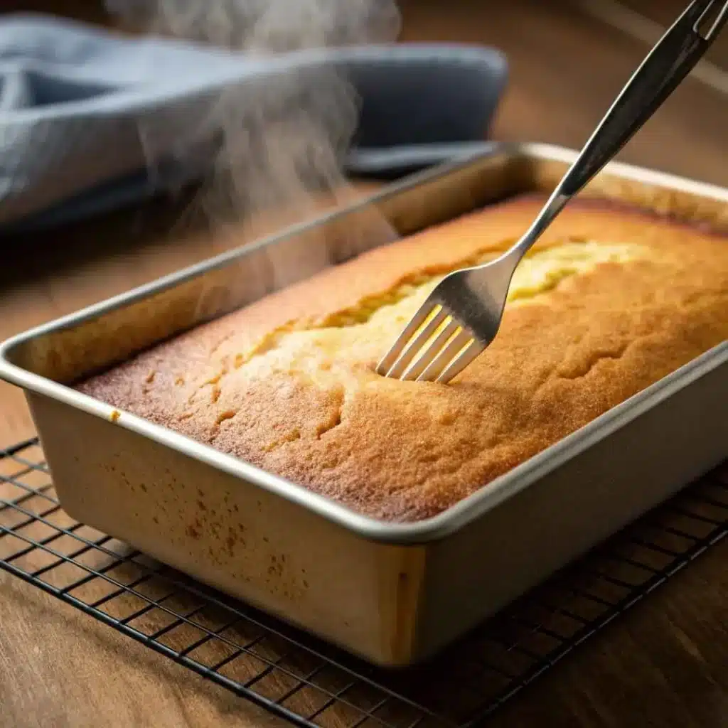 Spicy Mango Tres Leches Cake – Bold, Creamy & Unforgettable 8 Poking holes into baked Tres Leches sponge cake