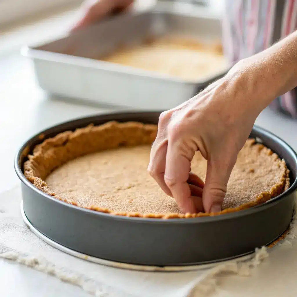 Mazapán Cheesecake: Creamy No-Bake Mexican Dessert You’ll Love 8 Pressing Maria cookie crust for Mazapán Cheesecake