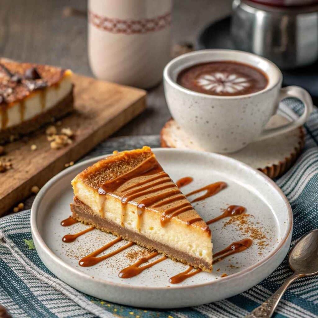 Churro Cheesecake Slice with Caramel Drizzle and Mexican Hot Chocolate