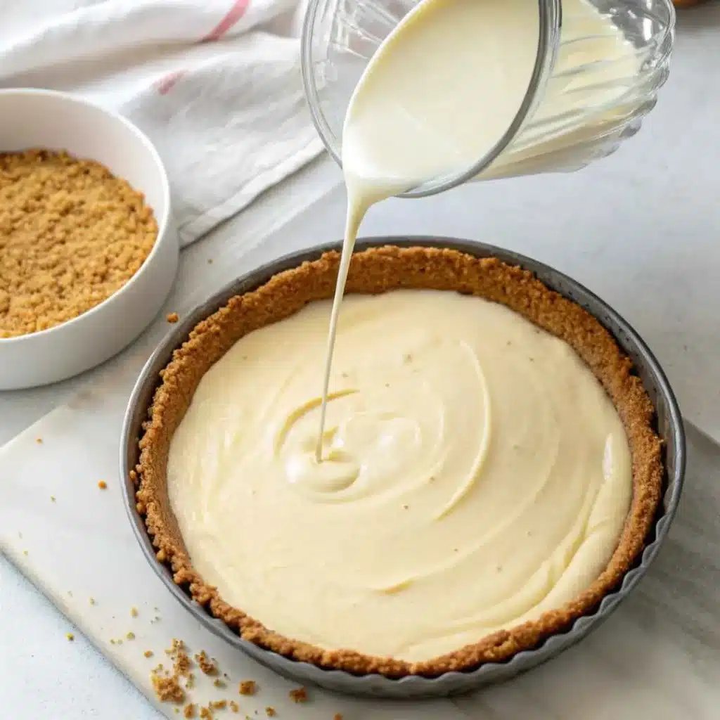 Mazapán Cheesecake: Creamy No-Bake Mexican Dessert You’ll Love 10 Pouring Mazapán Cheesecake filling into crust
