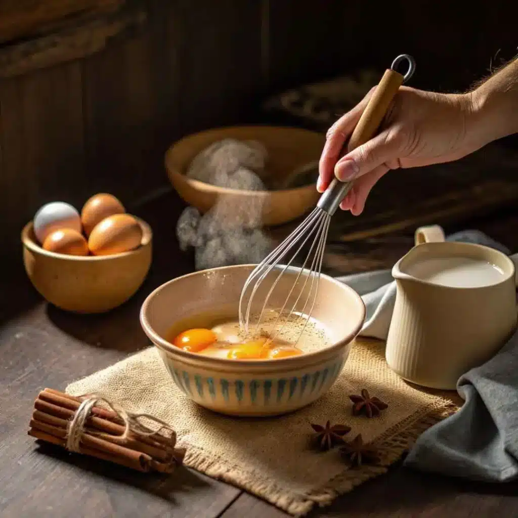 Mixing eggs for jericalla with cinnamon milk beside