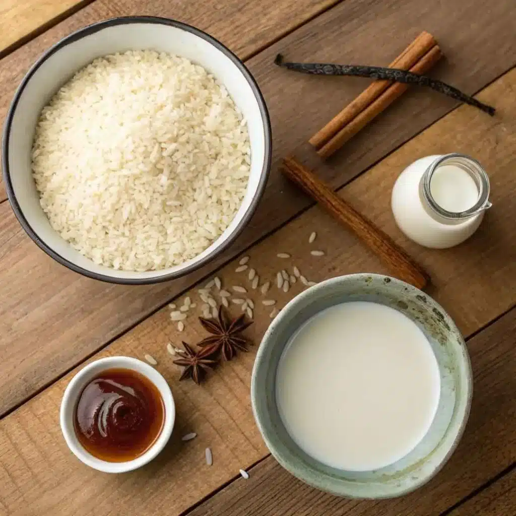 Arroz Con Leche Recipe – Creamy, Traditional, and Easy to Make 8 arroz con leche ingredients laid out
