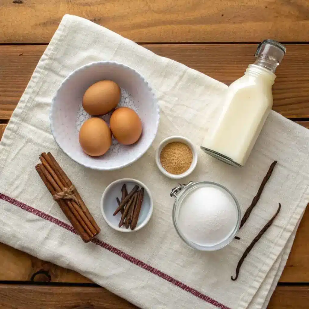 Jericalla custard ingredients on a wooden kitchen counter