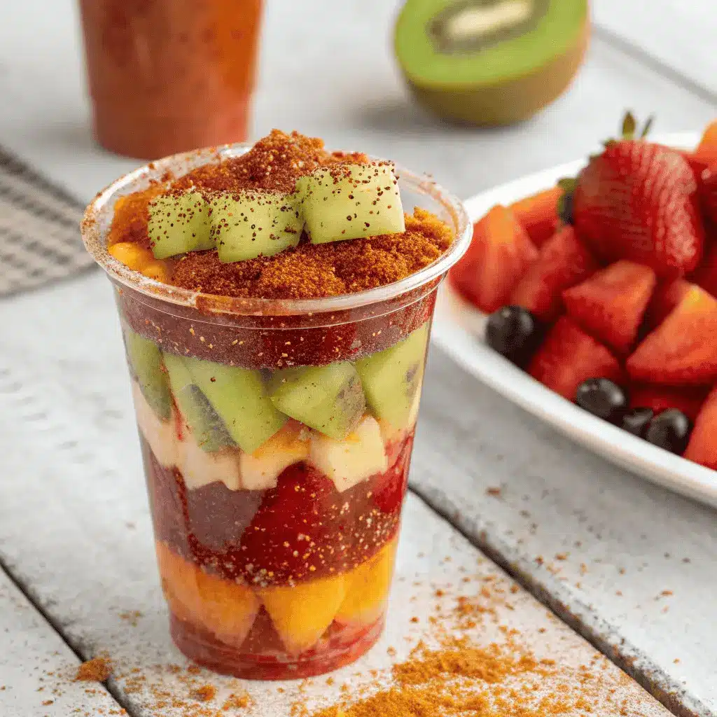 Mexican Fruit Cups – A Sweet, Tangy Street Treat You’ll Love 5 Layering fruit with chamoy and Tajín