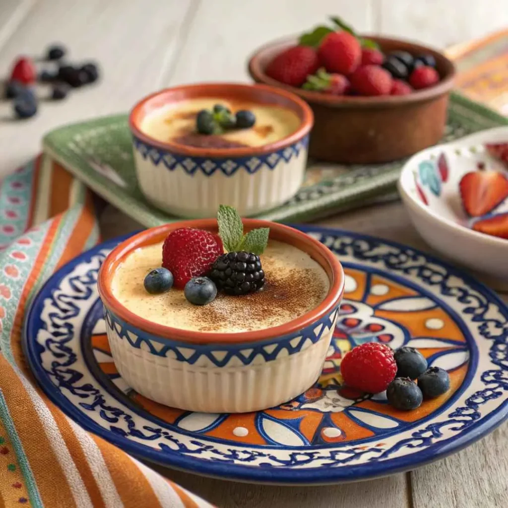 Jericalla custard in a ramekin on Talavera plate with strawberry