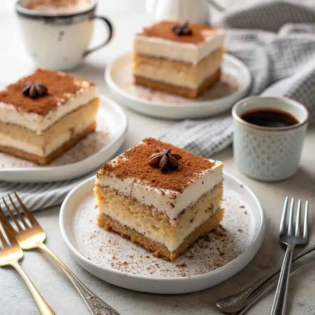 Dalgona Coffee Tres Leches Cake – A Delicious Coffee Twist 6 Slices of Dalgona coffee tres leches cake served with cocoa topping