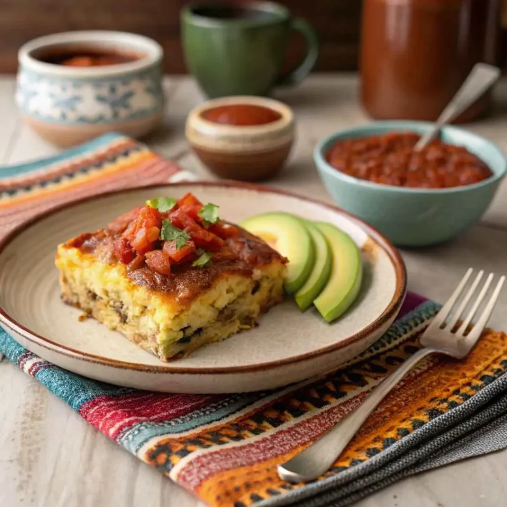 Mexican Breakfast Casserole: Easy Make-Ahead Family Favorite 8 A slice of Mexican breakfast casserole served with salsa and avocado