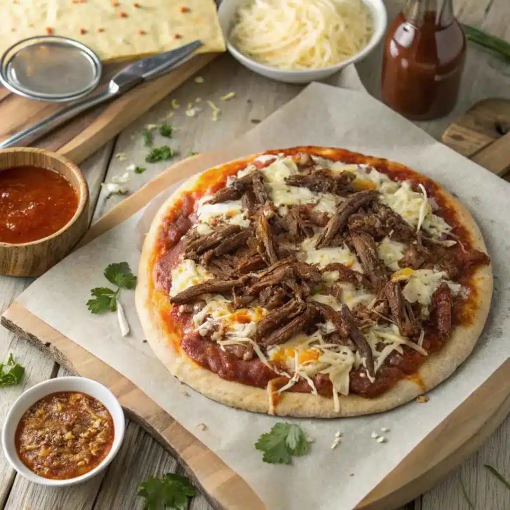 Birria Pizza Recipe: Crispy Crust, Cheesy, and Boldly Flavorful 12 Unbaked round birria pizza topped with cheese and beef