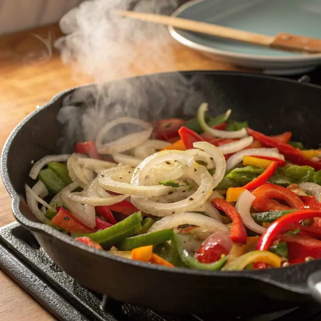 Mexican Breakfast Casserole: Easy Make-Ahead Family Favorite 6 Onions, peppers, and green chiles sautéing in a cast-iron skillet for Mexican breakfast casserole
