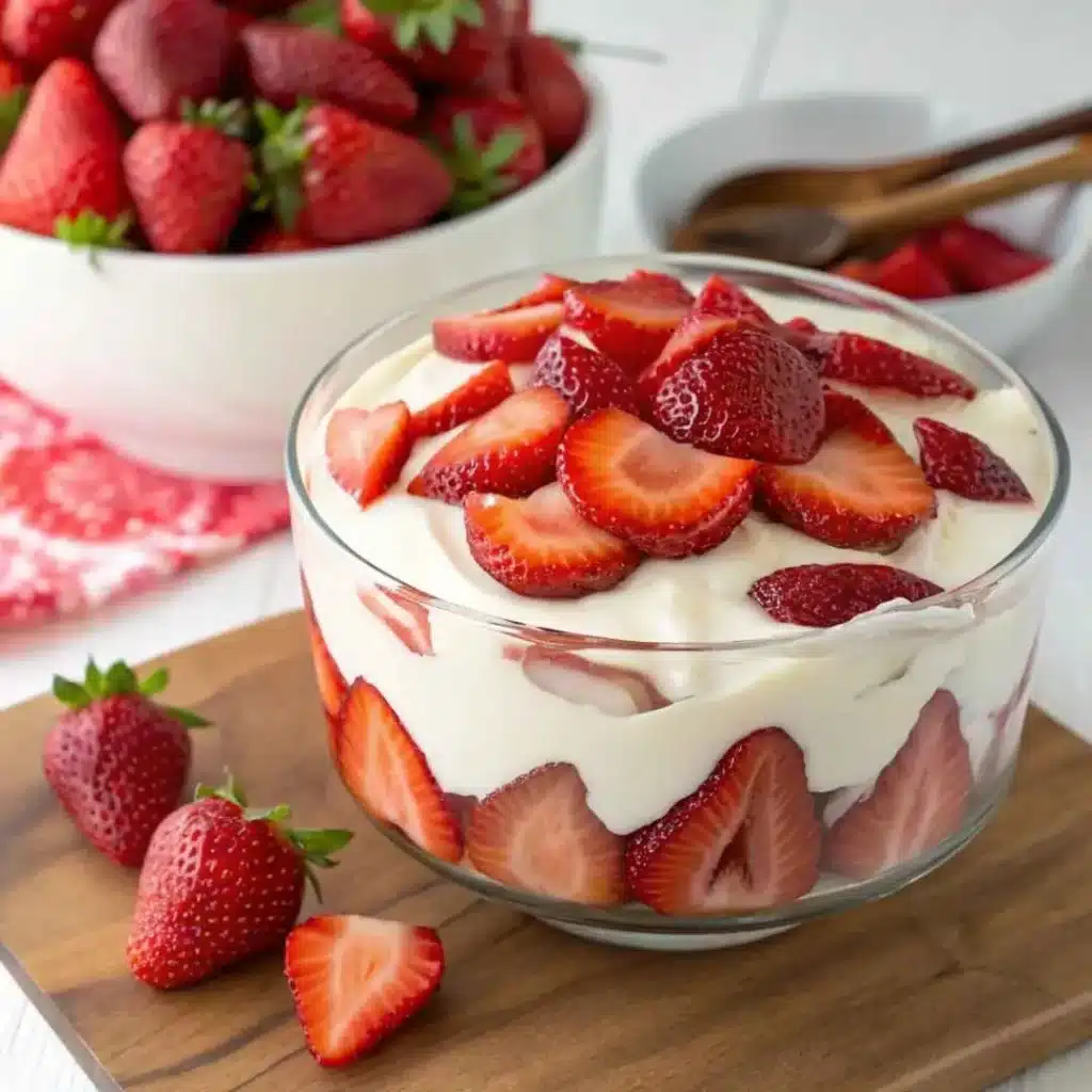 Fresas con Crema Recipe: A Sweet and Simple Mexican Favorite 7 Sliced strawberries folded into creamy mixture in glass bowl