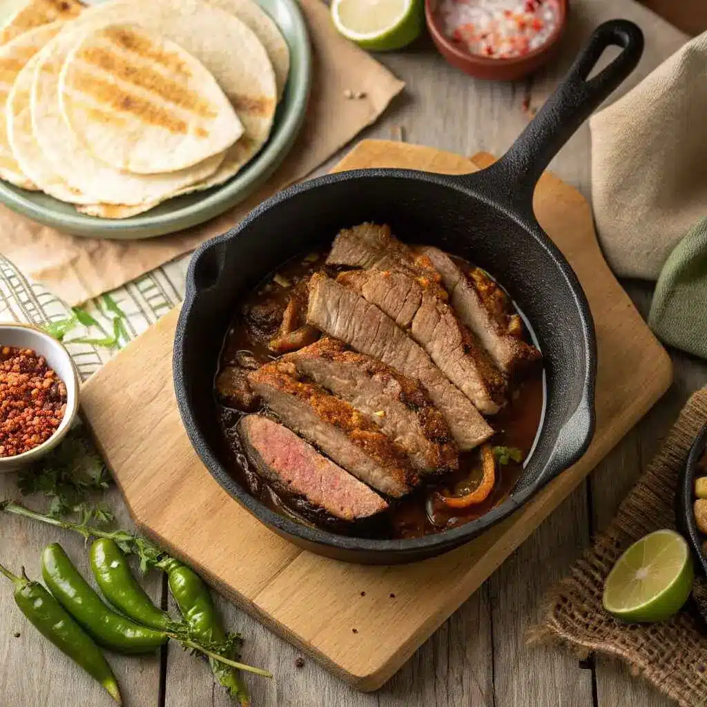 Birria Pizza Recipe: Crispy Crust, Cheesy, and Boldly Flavorful 10 Beef birria being seared in pot for birria pizza