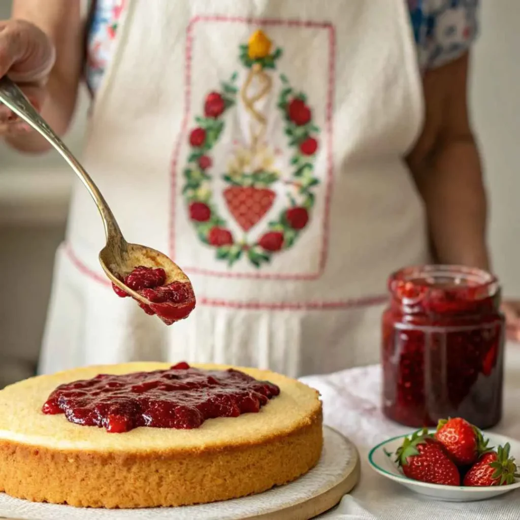 Layering strawberry jam on cake