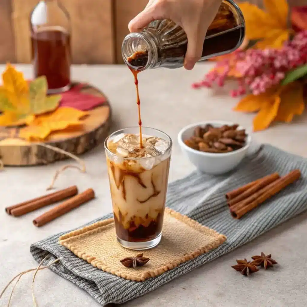 Cinnamon Simple Syrup Recipe: Easy Homemade Sweetener for Coffee and Cocktails 6 pouring cinnamon syrup into iced coffee