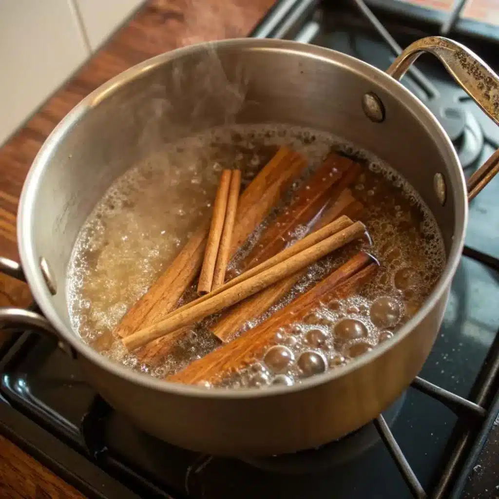 Cinnamon Simple Syrup Recipe: Easy Homemade Sweetener for Coffee and Cocktails 5 cinnamon sticks simmering in saucepan