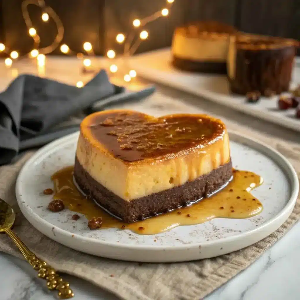 Chocoflan Heart Shape Recipe: Show-Stopping Flan Cake Made with Love 4 Heart-shaped chocoflan dessert with caramel glaze