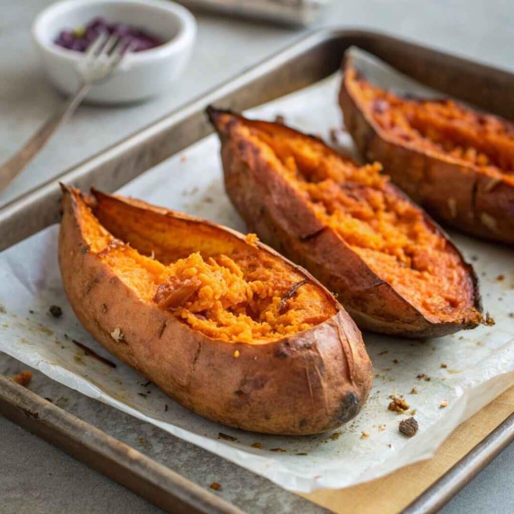 Roasted sweet potatoes on baking tray