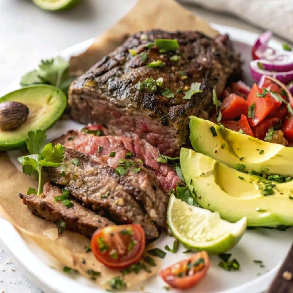 Authentic carne asada grilled and sliced with citrus garnish