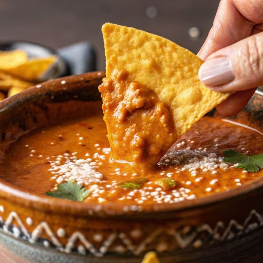 Mexican-style Frijoles Puercos loaded with cheese, turkey bacon, and chorizo