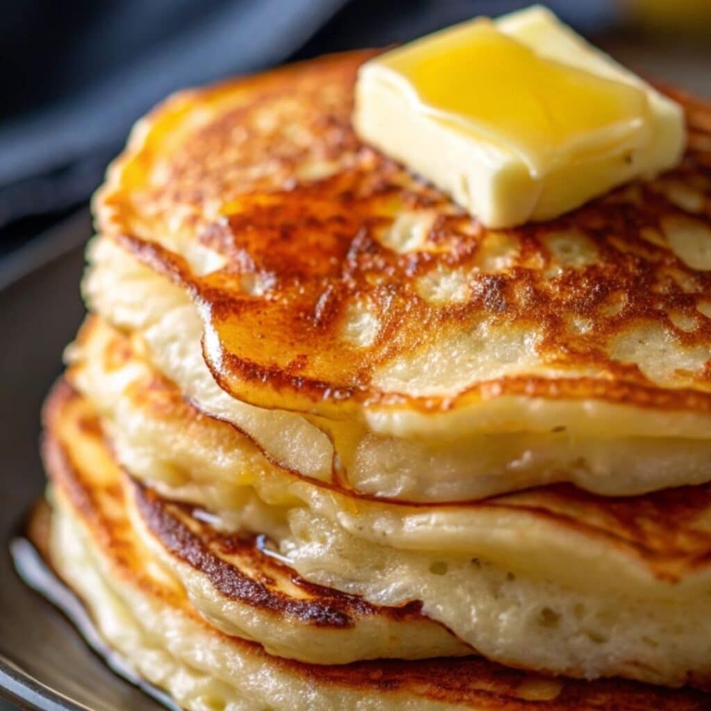 Fluffy pancakes stacked with butter and syrup