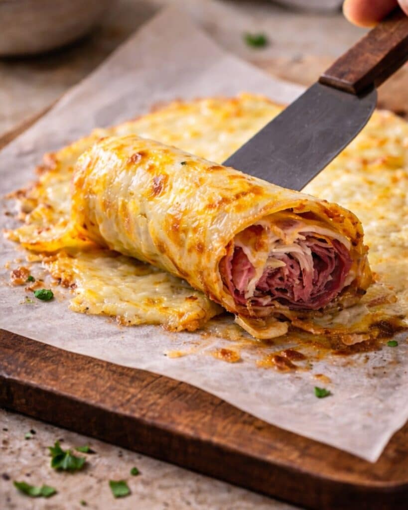 golden cheese circle being rolled tightly around corned beef and sauerkraut filling using a spatula