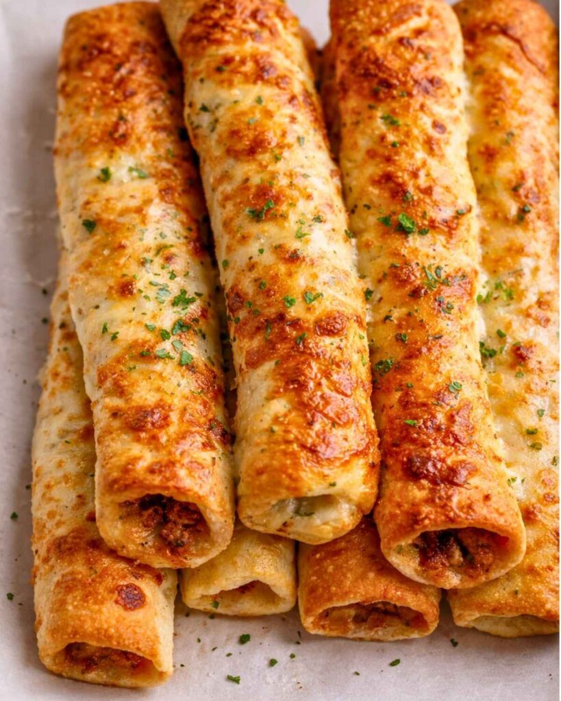 Cheesy Taco Sticks with melted cheese and seasoned beef