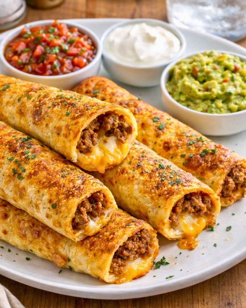 Cheesy Taco Sticks with melted cheese and seasoned beef