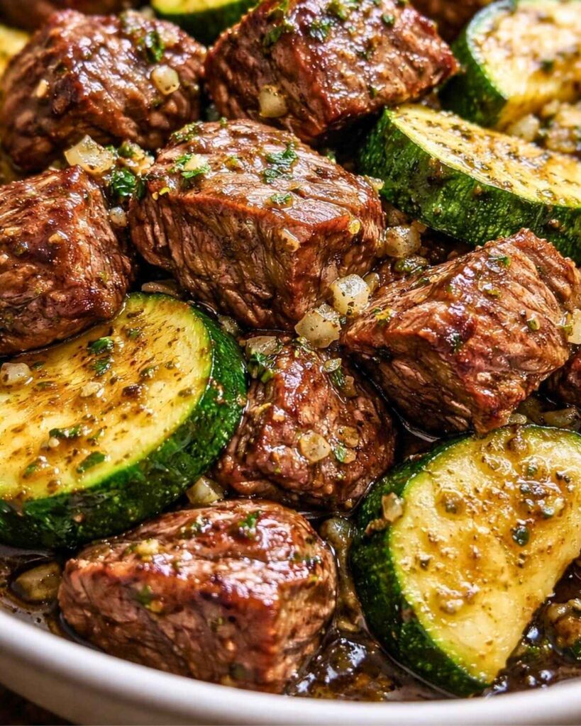 Juicy steak bites cooked in garlic butter with zucchini