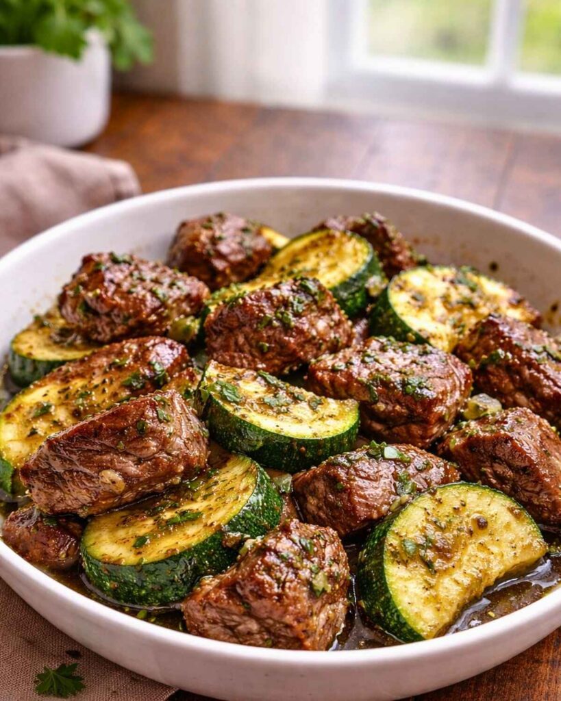 Juicy steak bites cooked in garlic butter with zucchini