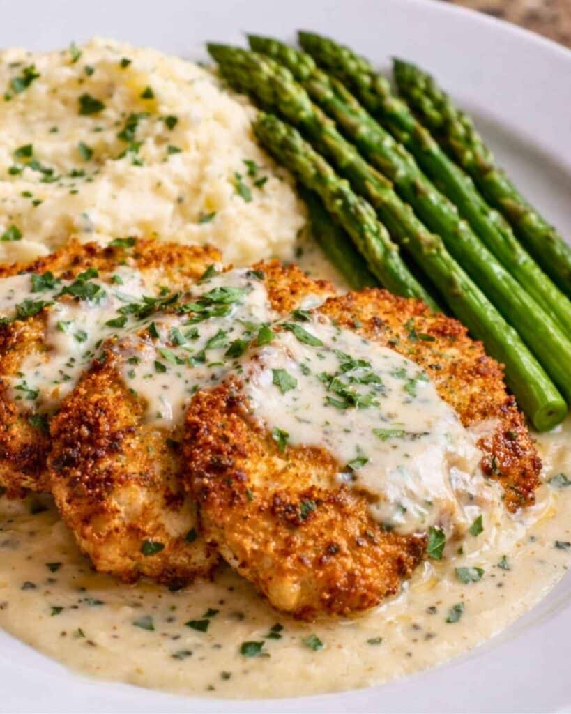 Parmesan crusted chicken with creamy garlic sauce