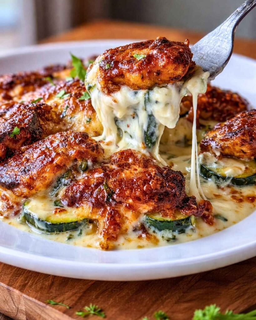 High protein chicken zucchini bake with melted cheese
