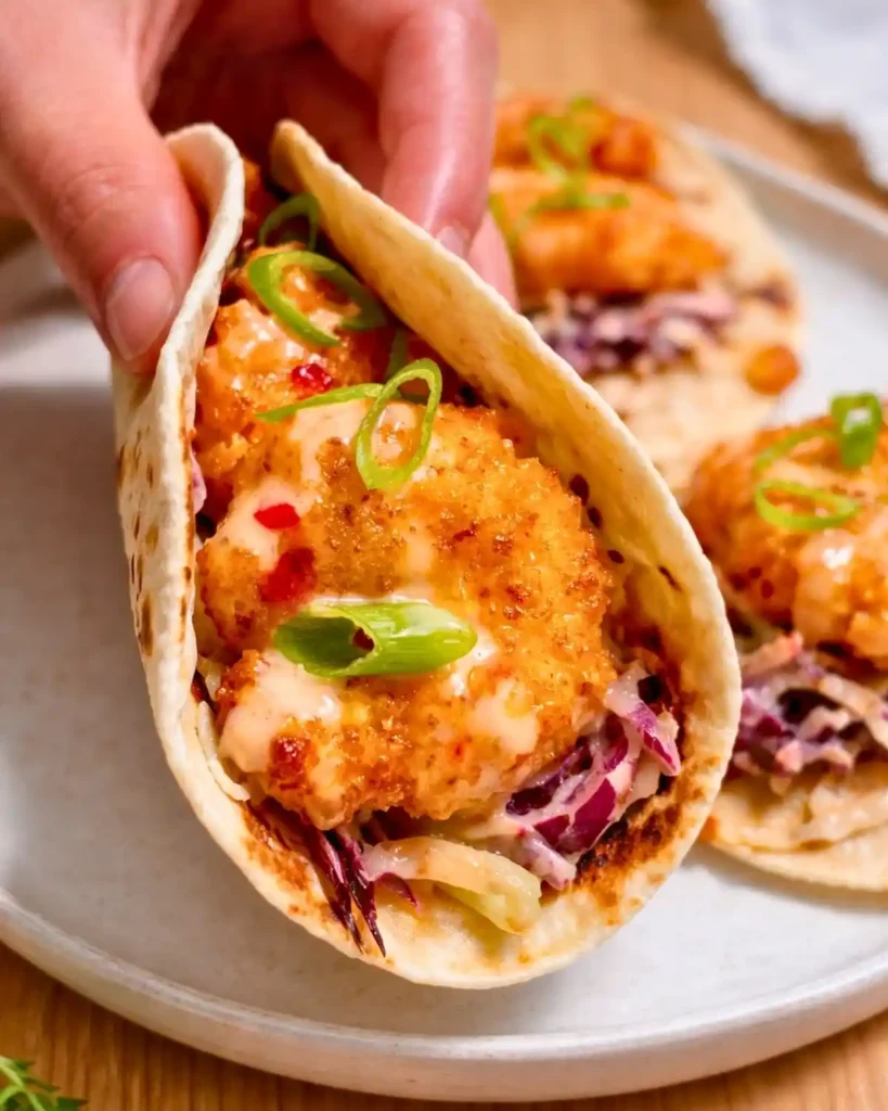 crispy air fryer bang bang shrimp tacos with creamy sauce and cabbage slaw