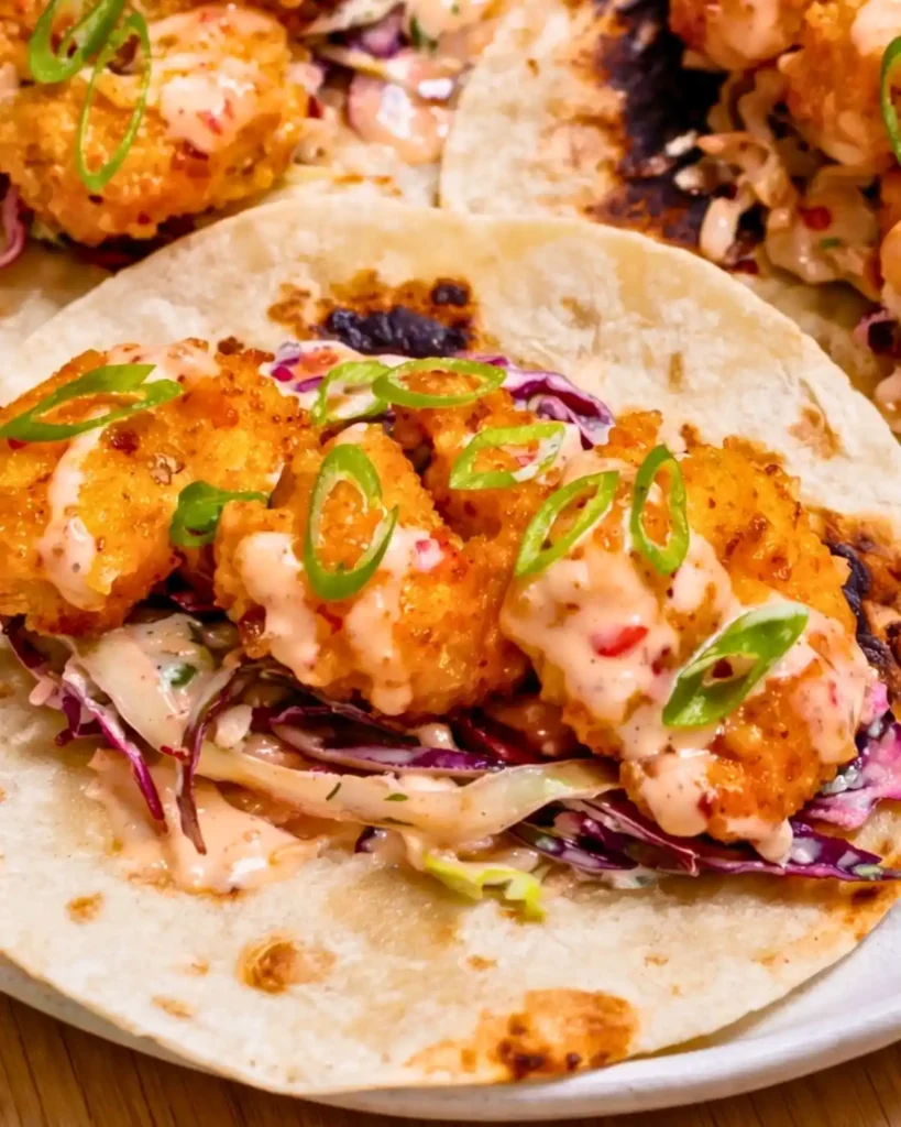 crispy air fryer bang bang shrimp tacos with creamy sauce and cabbage slaw