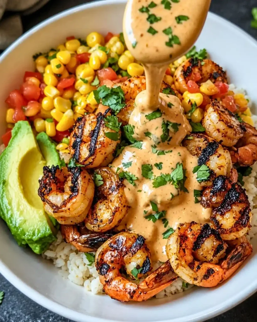 Grilled Shrimp Bowl with Avocado, Corn Salsa & Creamy Sauce