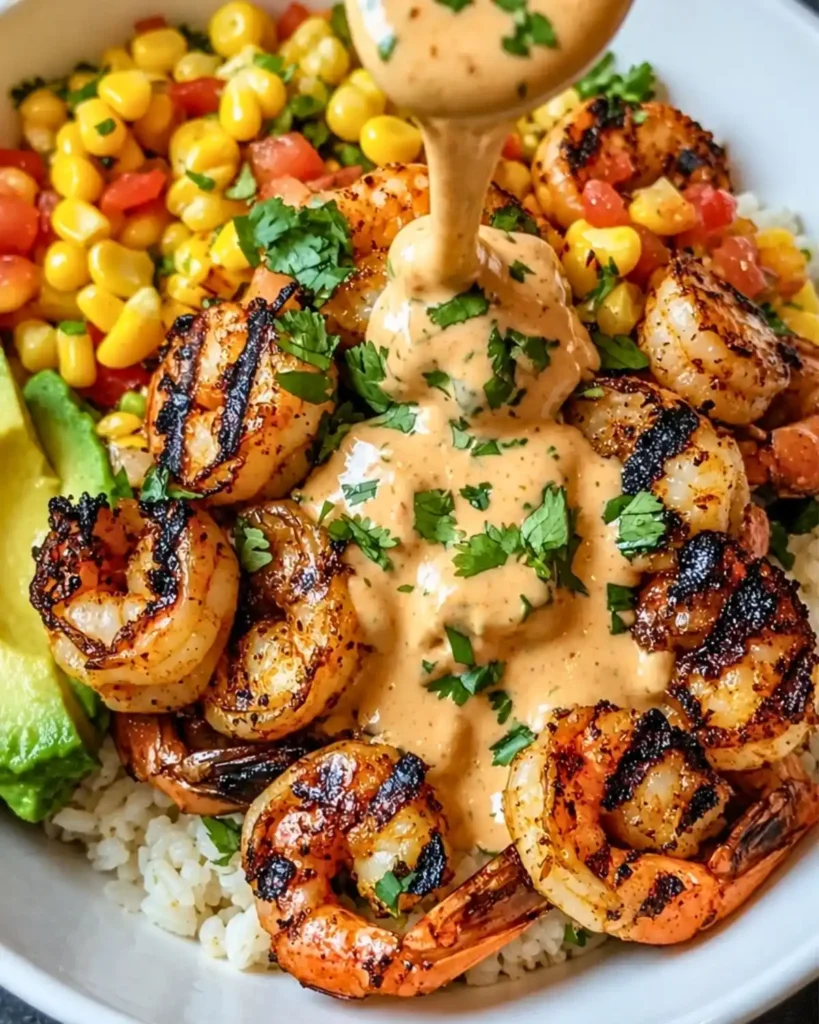 Grilled Shrimp Bowl with Avocado, Corn Salsa & Creamy Sauce
