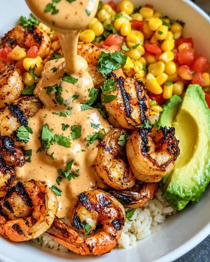 Grilled Shrimp Bowl with Avocado, Corn Salsa & Creamy Sauce