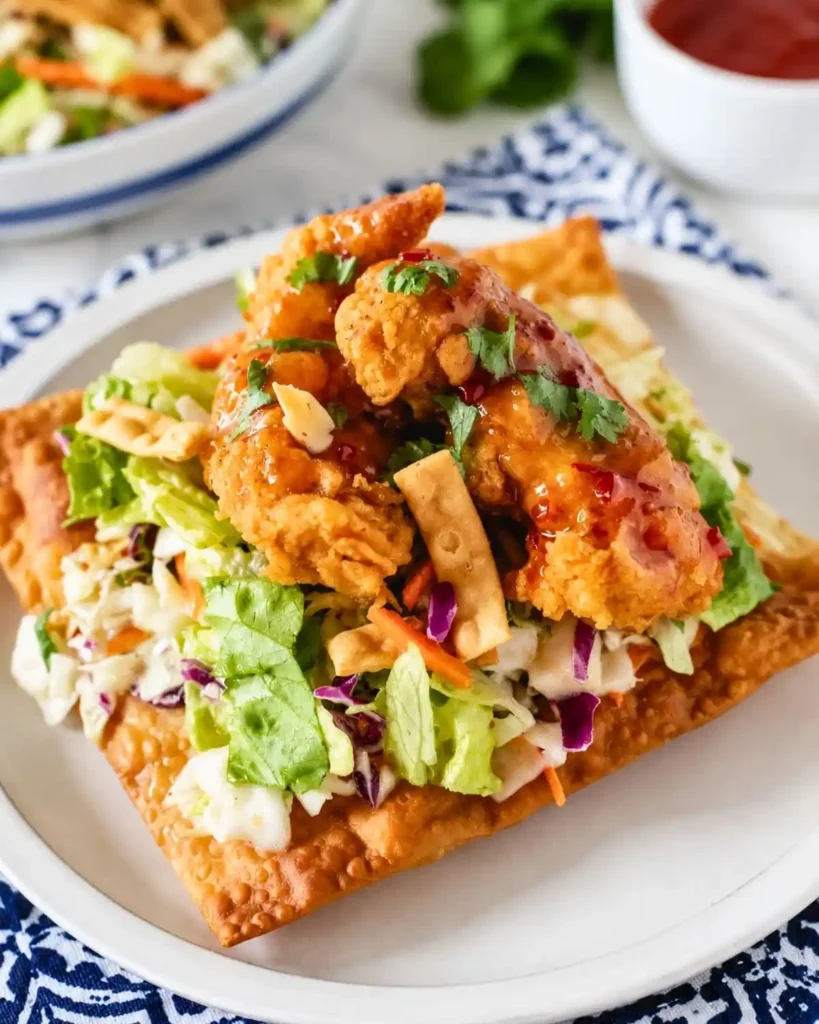 Asian Crunch Chicken Salad on Crispy Egg Roll Base