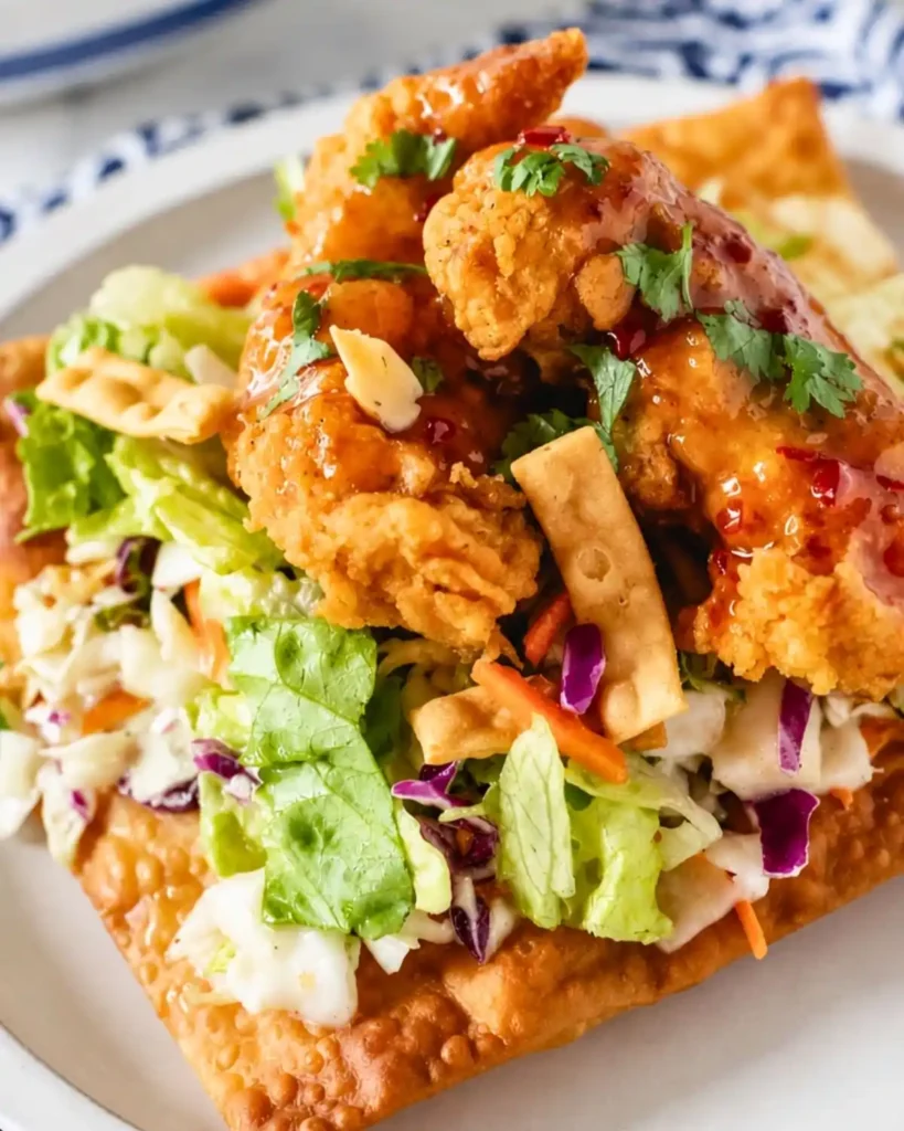 Asian Crunch Chicken Salad on Crispy Egg Roll Base