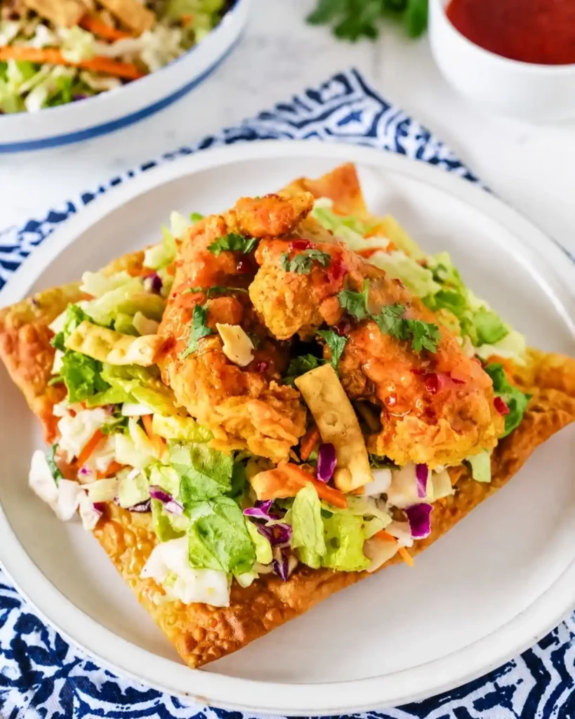 Asian Crunch Chicken Salad on Crispy Egg Roll Base