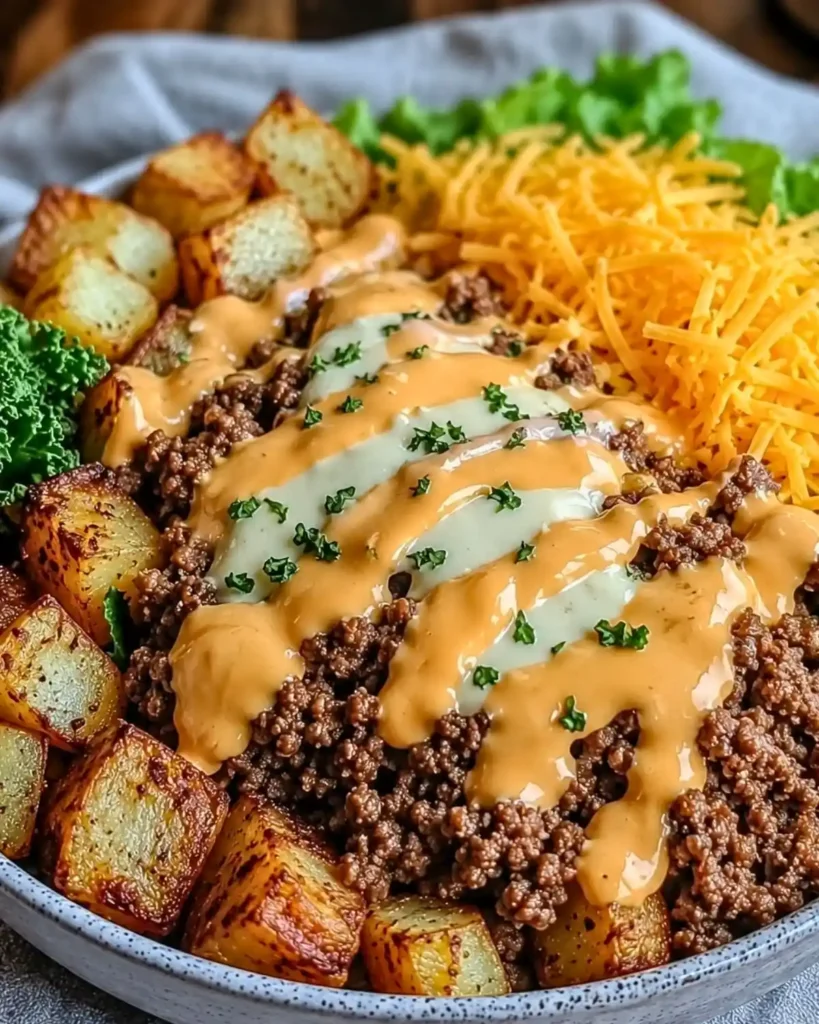 Smash Burger Bowl with crispy potatoes and zesty toppings 7 Smash Burger Bowl with crispy potatoes and zesty toppings
