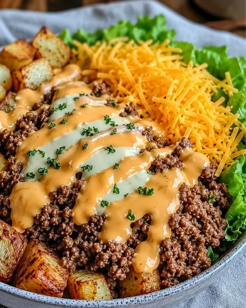 Smash Burger Bowl with crispy potatoes and zesty toppings 6 Smash Burger Bowl with crispy potatoes and zesty toppings