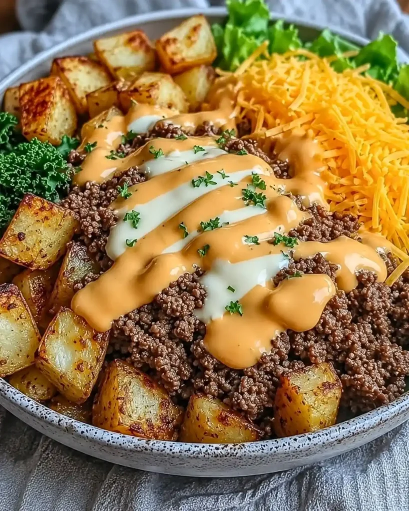 Smash Burger Bowl with crispy potatoes and zesty toppings 8 Smash Burger Bowl with crispy potatoes and zesty toppings