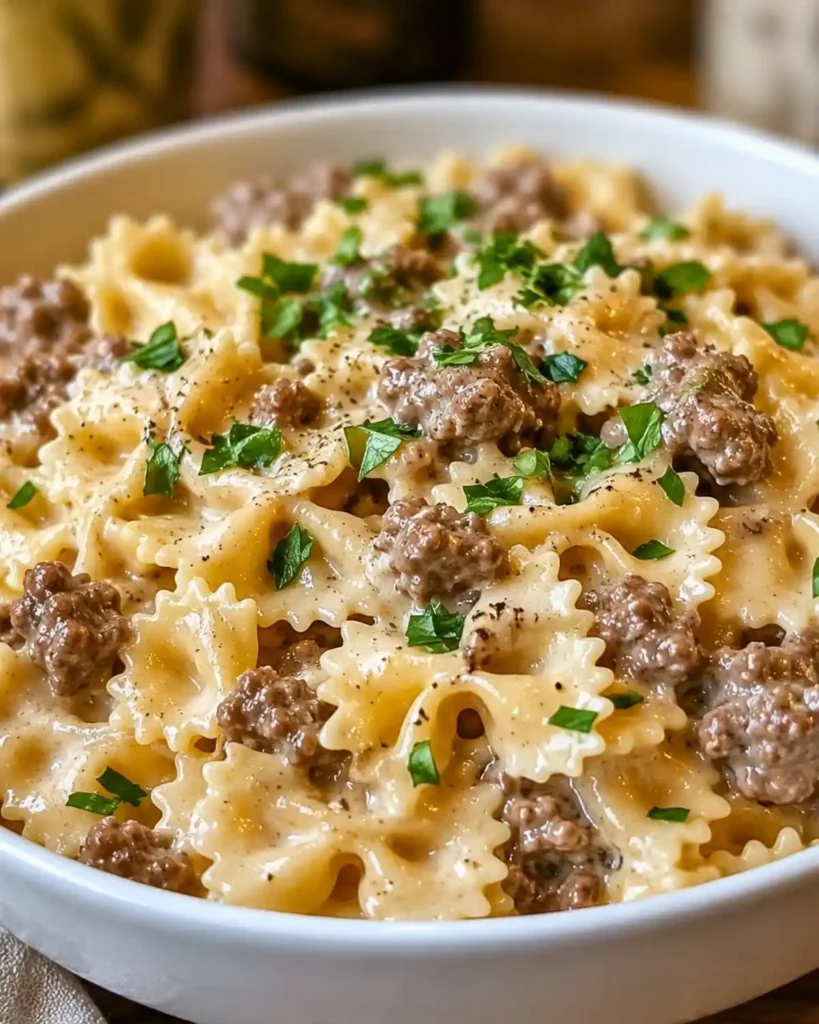 Beef and Bowtie Pasta with Alfredo Sauce 6 Beef and Bowtie Pasta with Alfredo Sauce