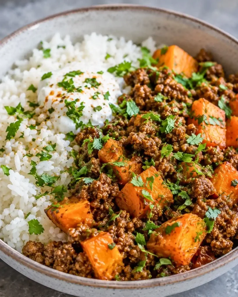 Sweet Potato Ground Beef Bowl with Rice & Hamburger