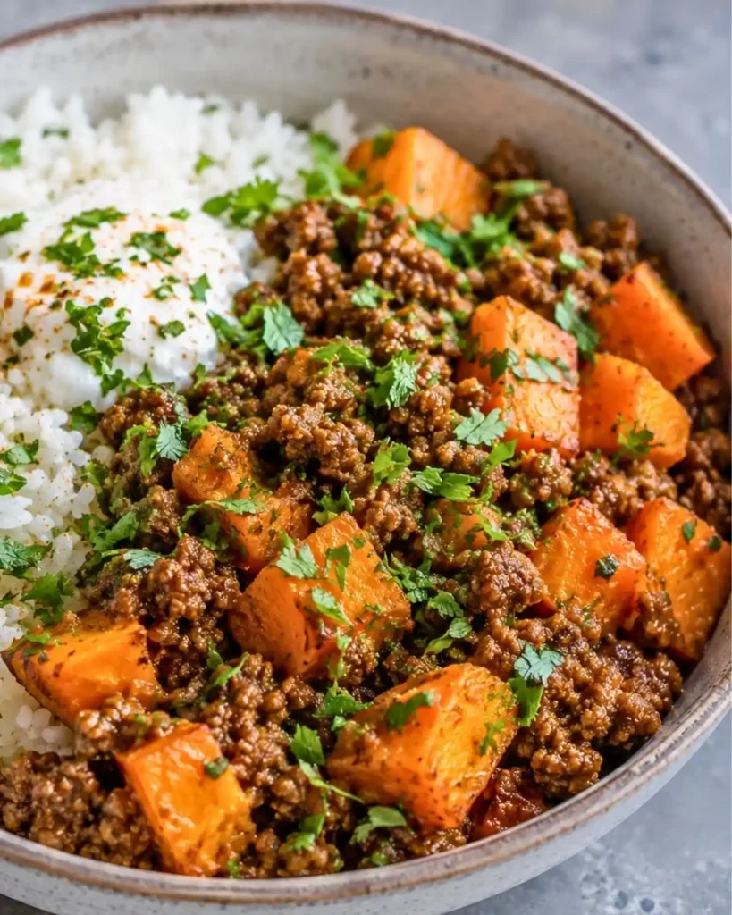Sweet Potato Ground Beef Bowl with Rice & Hamburger
