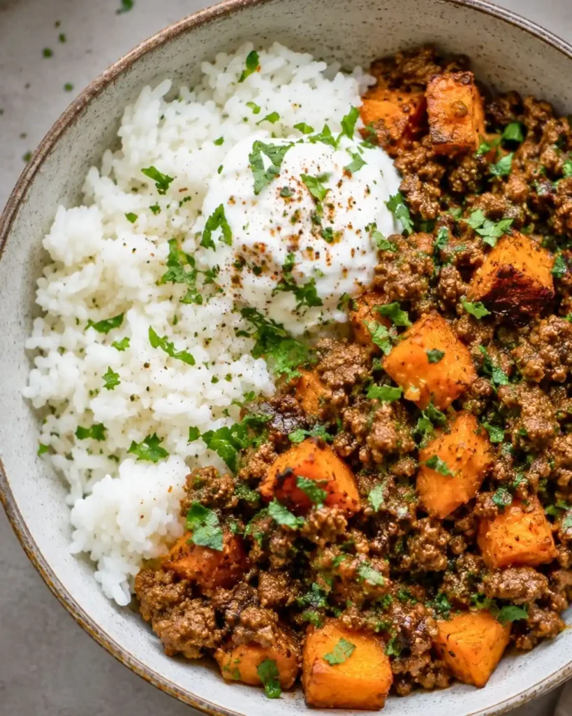 Sweet Potato Ground Beef Bowl with Rice & Hamburger