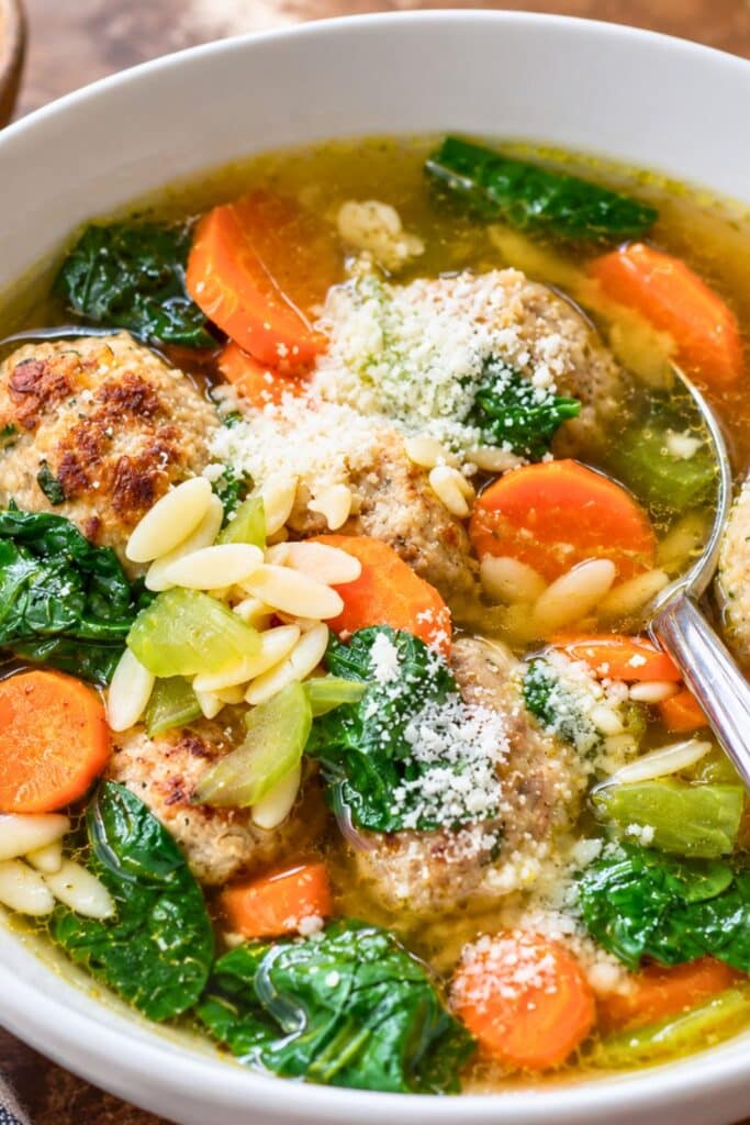 Healthy Turkey Meatball Soup with Spinach and Orzo