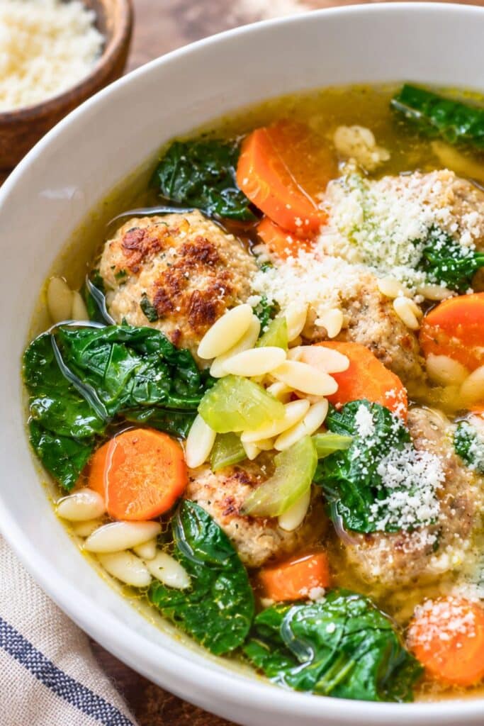 healthy Turkey Meatball Soup with Spinach and Orzo